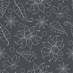 Floral seamless background. Graphic contour pattern in light colors on a gray background.