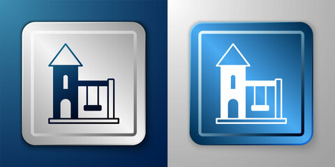 White Swing for kids summer games on playground icon isolated on blue and grey background. Outdoor entertainment equipment. Silver and blue square button. Vector