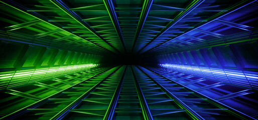 Triangle Neon Laser Fluorescent Green Blue Glowing Sci Fi Futuristic Warehouse Hangar  Spaceship Realistic Showroom Steel Metal Frame Corridor Tunnel Dark Underground Basement 3D Rendering