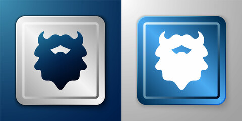 White Mustache and beard icon isolated on blue and grey background. Barbershop symbol. Facial hair style. Silver and blue square button. Vector