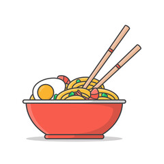 Red Bowl Of Ramen Noodles With Boiled Eggs, Shrimp, And Chopsticks Vector Icon Illustration. Oriental Noodle Food. Asian Noodles Icon