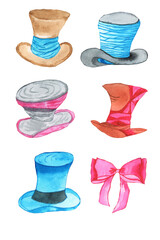 vase, design,  object, glass, illustration, art,   watercolor illustrations of top hat, hat, bow,