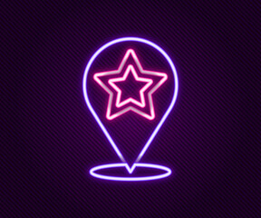 Glowing neon line Map pointer with star icon isolated on black background. Star favorite pin map icon. Map markers. Colorful outline concept. Vector