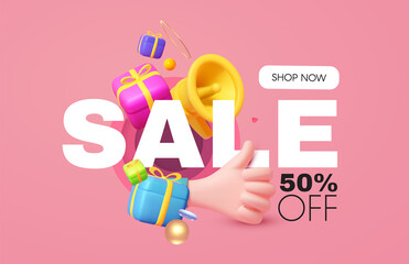 3D Sale gold design with megaphone, thumbs up hand sign and gift boxes. Special offer render space.