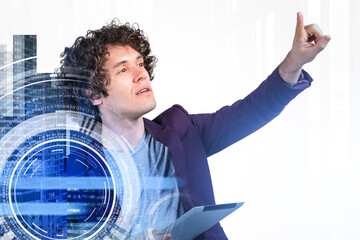 Handsome curly businessman wearing formal suit is pointing out