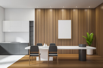 Wooden kitchen set interior with dining table and seats. Mockup poster