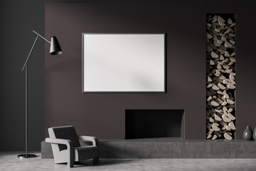 Dark living room interior with empty white poster, comfortable armchair