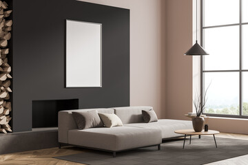 Bright living room interior with empty white poster, panoramic window