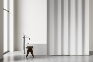 Bright bathroom interior with bathtub, panoramic window, shower curtain