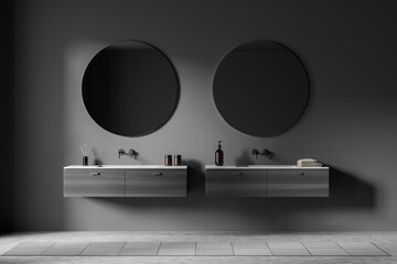 Dark bathroom interior with sinks and mirrors, decoration on deck