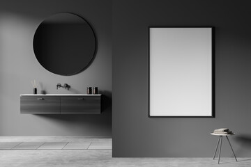 Dark bathroom interior with sink and mirror, table with towels. Mockup poster