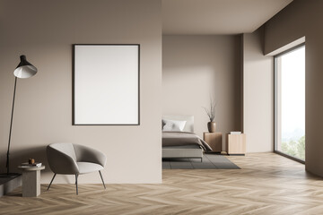 Bright bedroom interior with empty white poster, bed, panoramic window