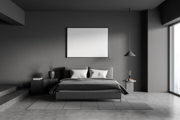 Dark bedroom interior with empty white poster, bed, panoramic window