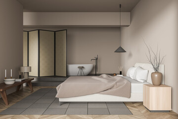Bright bedroom interior with empty wall, bed, bedside, bathtub, table
