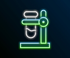 Glowing neon line Glass test tube flask on stand icon isolated on black background. Laboratory equipment. Colorful outline concept. Vector