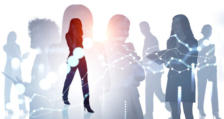 Teamwork in financial company, stock market lines and bokeh lights