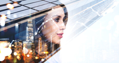 Singapore city skyscraper downtown panoramic view. Young attractive dreaming businesswoman