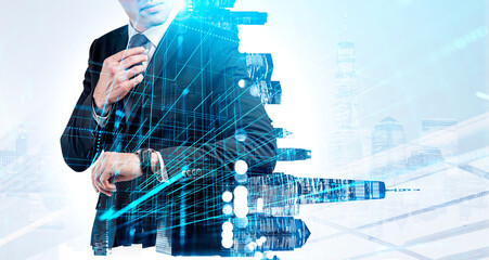 Singapore city skyscraper downtown panoramic view. Businessman wearing formal suit