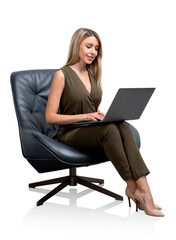 Naklejka premium Young office woman typing on laptop, isolated over white backgro