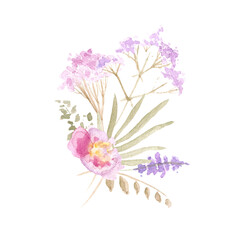 Delicate bouquet of wild flowers. Watercolor illustration for background.