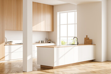Light kitchen set interior with table and shelves with kitchenware, window