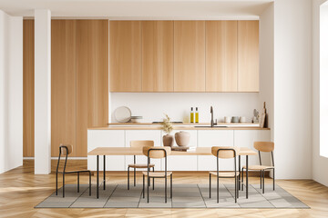 Modern dining interior with table and seats, shelves and kitchenware