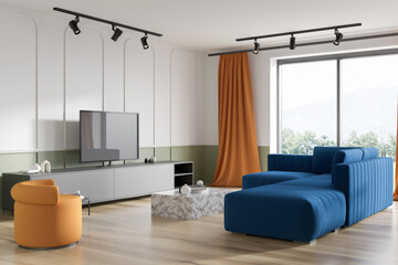 Light living room interior with tv on drawer, sofa and window on parquet floor