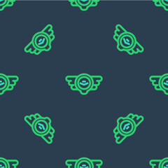 Line Aviation emblem icon isolated seamless pattern on blue background. Military and civil aviation icons. Flying emblem, eagle bird wing and winged frame. Vector