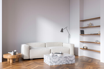 Fototapeta na wymiar Bright living room interior with cozy sofa, coffee table, shelves