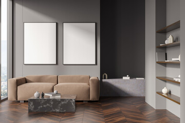 Fototapeta na wymiar Dark living room interior with two white posters, panoramic window