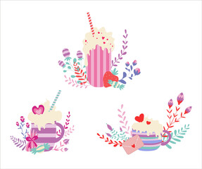 Valentine's Day object about love and romance isolated on white background - striped cup with hearts and flowers. For wrapping paper, cards, backgrounds, postcards, congratulations