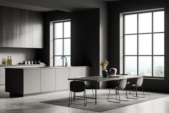 Stylish dining interior with table and seats, shelves and kitchenware, window