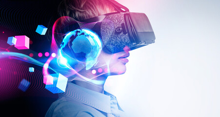 Office woman in vr glasses, metaverse hologram and cyberspace - obrazy, fototapety, plakaty