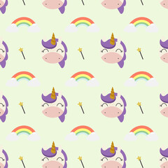 Fototapeta premium Vector seamless pattern with Magic Unicorn, rainbow and magic wand. For greeting card, posters, banners, children books, printing on the pack, printing on clothes, wallpaper.