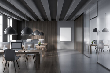 Dark office interior, chairs and wooden desk with pc computer. Mockup poster