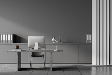 Office interior with chair and desk with computer, commode with folders. Mockup