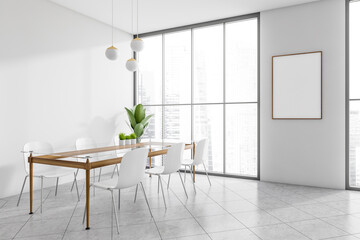Bright kitchen room interior with empty white poster, panoramic window