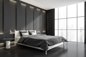 Dark bedroom interior with bed on black concrete floor, panoramic window