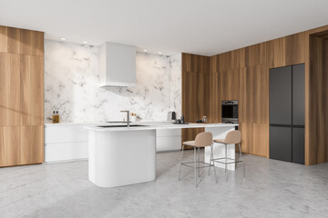 Corner view on bright kitchen room interior with cupboard