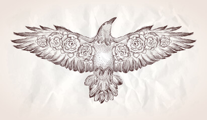 Fototapeta premium Flying bird with roses in wings