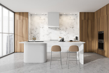 Bright kitchen room interior with bar counter, barstool, double oven