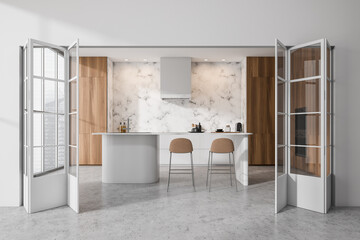 Bright kitchen room interior with bar counter, barstool, glass door
