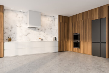 Obraz na płótnie Canvas Bright kitchen room interior with cupboard, refrigerator, electric cooker
