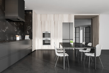 Dark kitchen room interior with cupboard, refrigerator, electric cooker