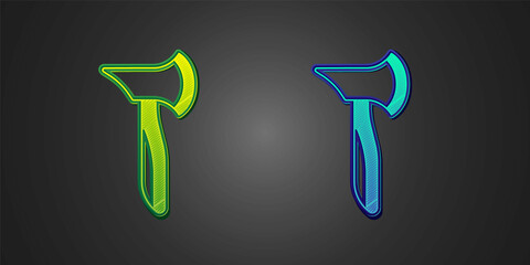 Green and blue Wooden axe icon isolated on black background. Lumberjack axe. Vector