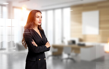 Office woman with arms crossed, office company room