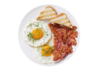 plate of fried eggs, bacon and toast on white background, top view