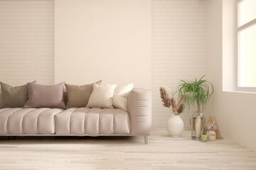 White living room with sofa. Scandinavian interior design. 3D illustration