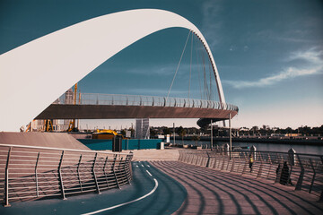 DUBAI, UAE - FEBRUARY, 2018: Dubai Water Canal arch bridge or Tolerance bridge