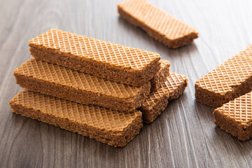 Chocolate wafer biscuit on wooden table